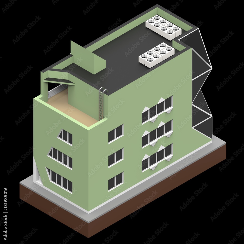 Green residential building in a small isolated platform. Raster 3d ...