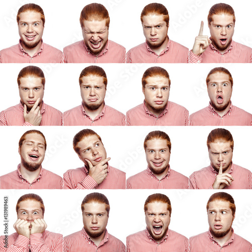 Mosaic of businessman expressing different emotions. The bearded businessman with red white shirt with 16 different emotions. isolated on white. studio shot. 