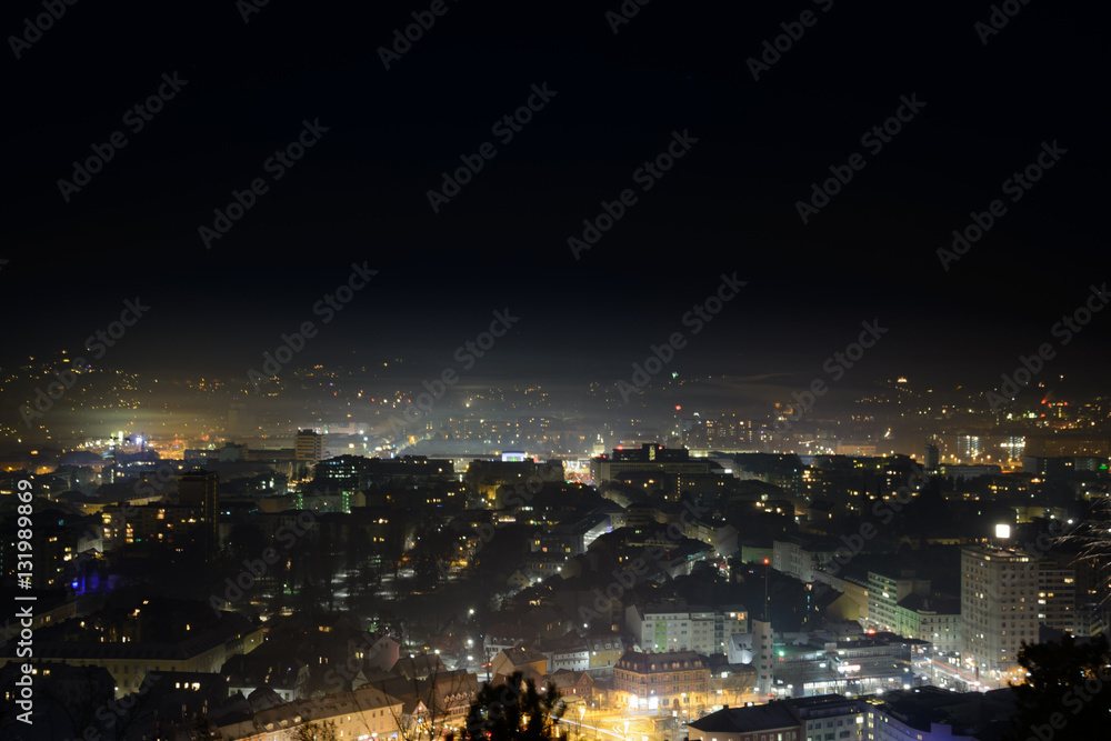 The lit city at night