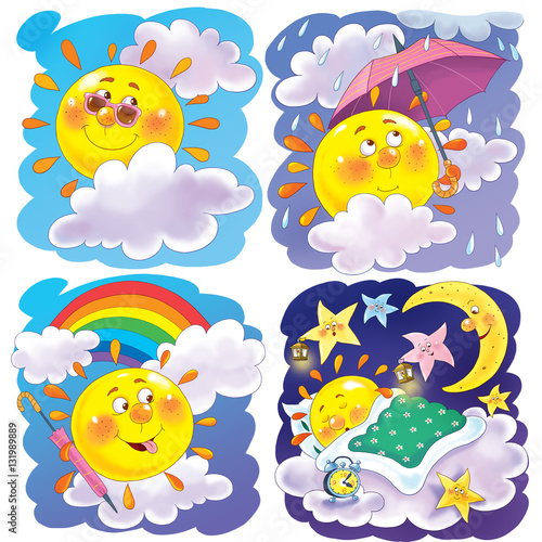 Cute funny sun with different emotions. Coloring page. Funny cartoon characters