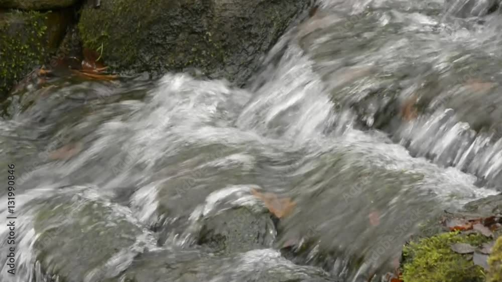 Mountain creek, stream, small waterfall (cloudy), stones, moss - flowing running water background Mountain creek, stream, small waterfall (cloudy), stones, moss - flowing running water background