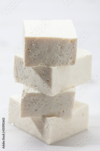 Pile Raw cubic tofu made from soybeans 