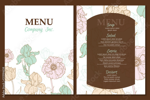 Vector menu template design with vintage floral elements tulip, poppy, daffod...