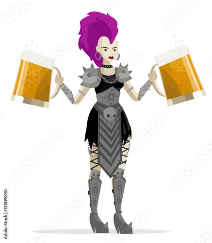 heavy metal glam girl with two giant beers