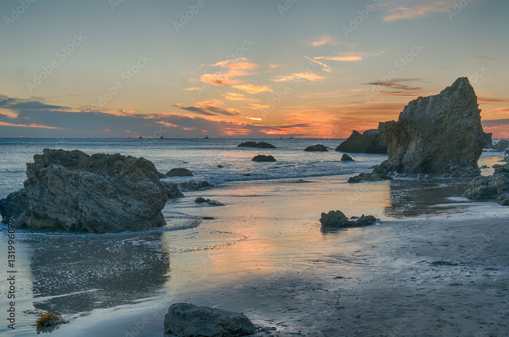 sunset looking west at El Matador Beach near Malibu California