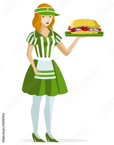 fast food waitress serving vegetarian healthy sandwich