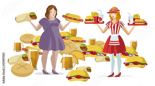 obese woman over eating and fast food girl serving