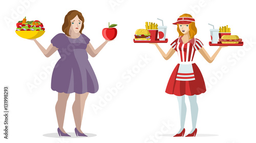 fat woman on diet and fast food waitress temptation