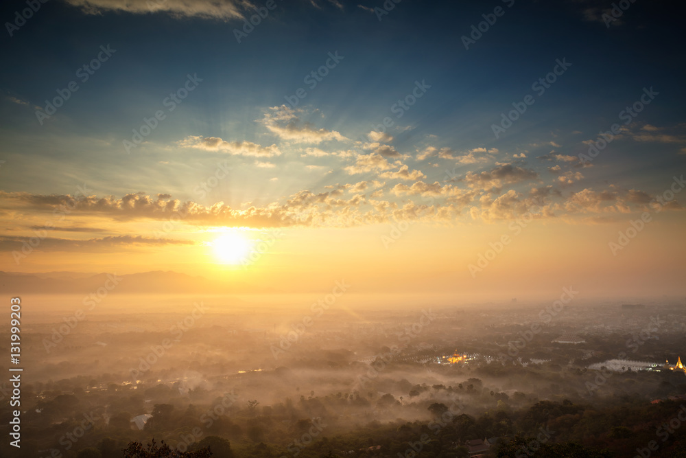 Beautiful scenery during sunrise of top view at Mandalay hill, Mandalay Myanmar