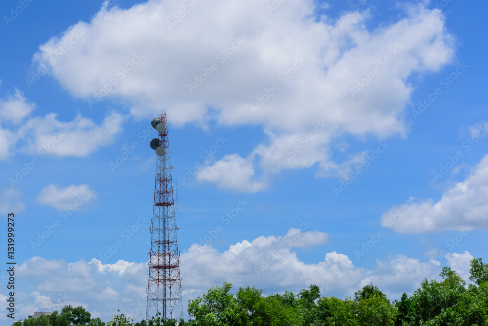 Telecommunication tower on blue sky  background.