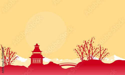 Silhouette of bridge and pavilion landscape Chinese New Year