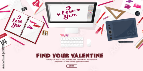 Valentines Day. Workplace with table. Design Equipment. Drawing on paper. Handmade love card. Typewriting. Greeting. February 14.