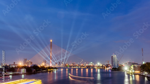 Twilight of Rama 8 bridge, the famous landmark in Bangkok, Thail