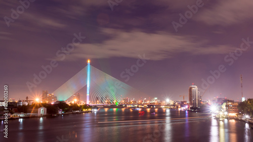 Twilight of Rama 8 bridge, the famous landmark in Bangkok, Thail