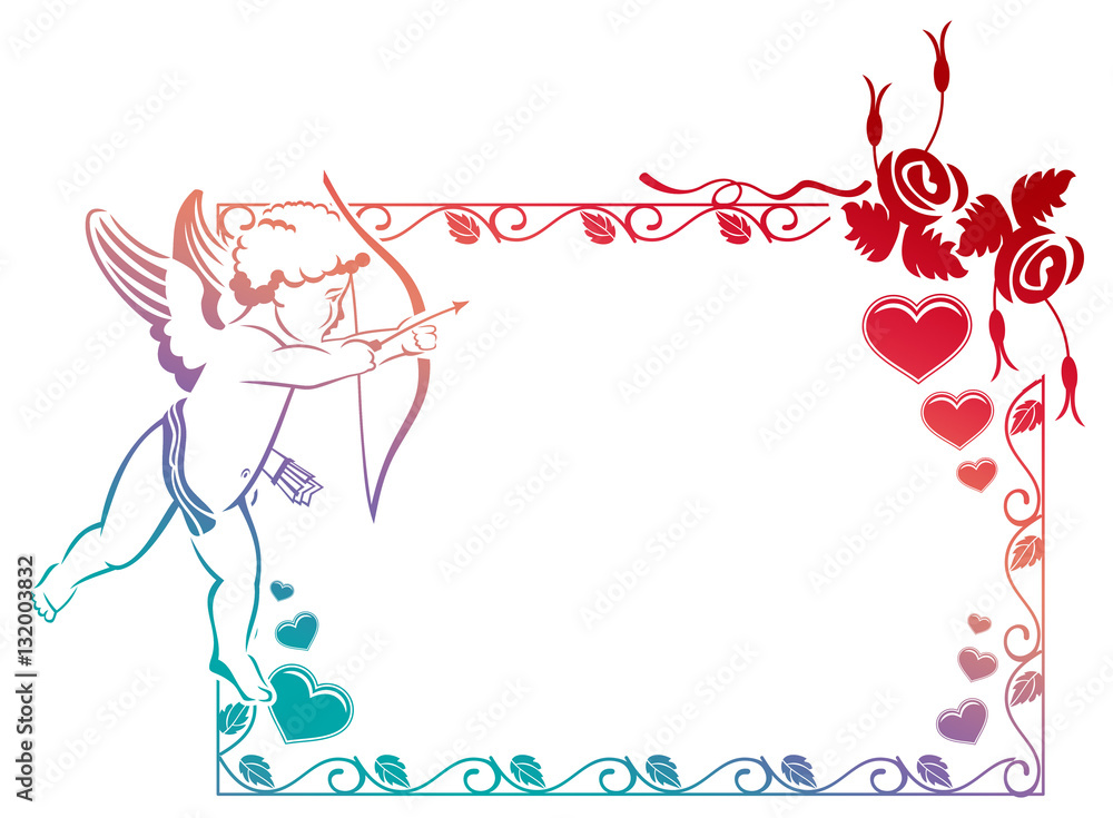 Cupid with bow hunting for hearts. Color gradient frame with Cupid, roses and hearts. Copy space. Raster clip art.