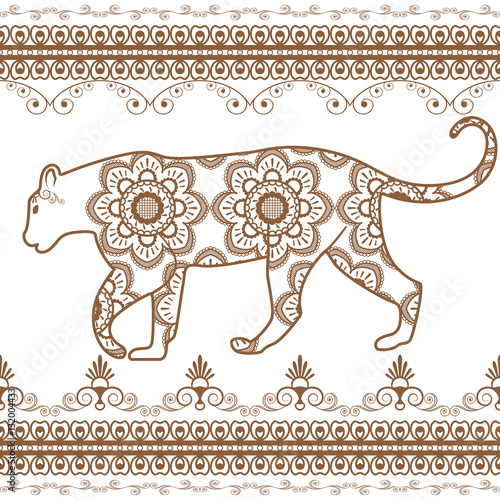 Tiger with brown border elements in ethnic mehndi style. Vector illustration isolated on white background