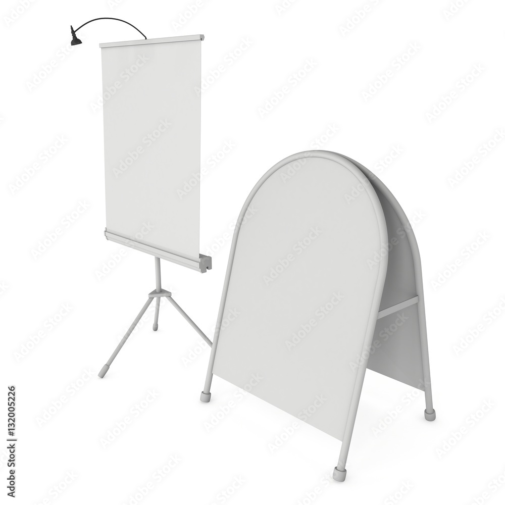 Blank Roll Up Expo Banner Stand and Sandwich board. Trade show booth white and blank. 3d render illustration isolated on white background. Template mockup for expo design. Blank menu outdoor display. Blank Roll Up Expo Banner Stand and Sandwich board. Trade show booth white and blank. 3d render illustration isolated on white background. Template mockup for expo design. Blank menu outdoor display.