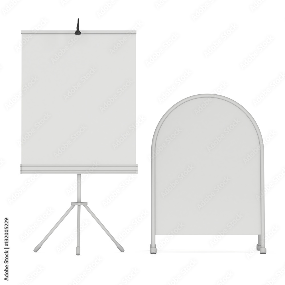 Blank Roll Up Expo Banner Stand and Sandwich board. Trade show booth white and blank. 3d render illustration isolated on white background. Template mockup for expo design. Blank menu outdoor display. Blank Roll Up Expo Banner Stand and Sandwich board. Trade show booth white and blank. 3d render illustration isolated on white background. Template mockup for expo design. Blank menu outdoor display.
