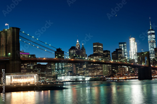 Manhattan Skyline  Brooklyn Bridge  Waterfront. at night