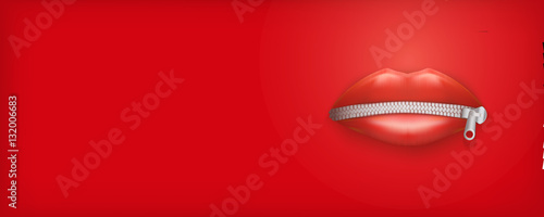 Banner of Womans mouth with closed red lips and zipper. Concept of secret or silence. Vector Illustration Isolated on background.
