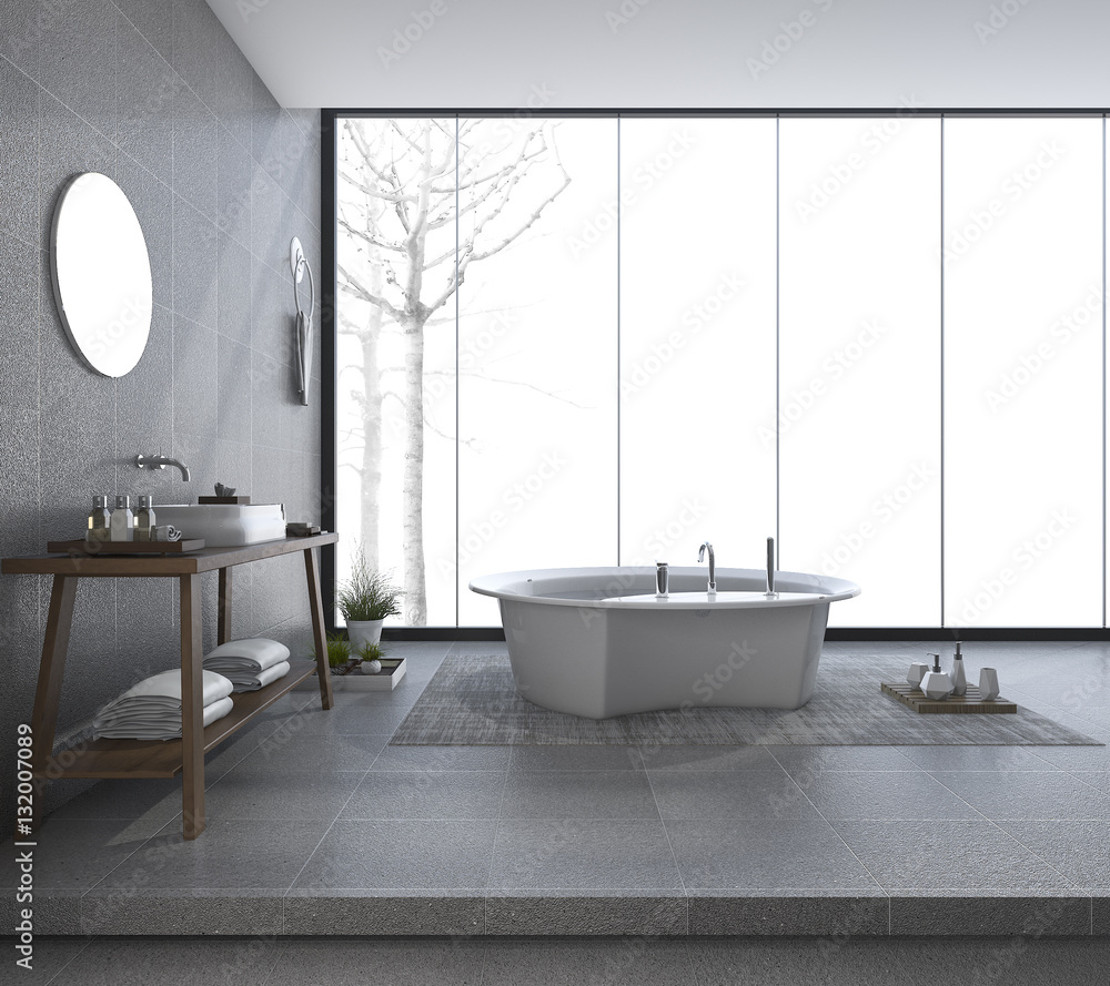 3d rendering modern bathroom design with beautiful view in winter - obrazy, fototapety, plakaty 