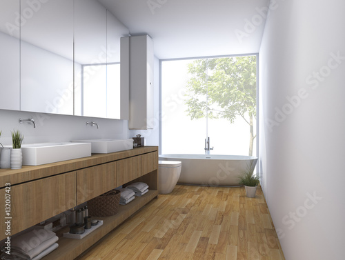 3d rendering wood clean bathroom with built in design