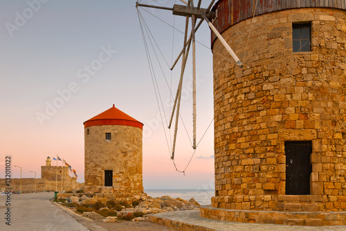 Windmills and fort of St. Nicholas in town of Rhodes.
