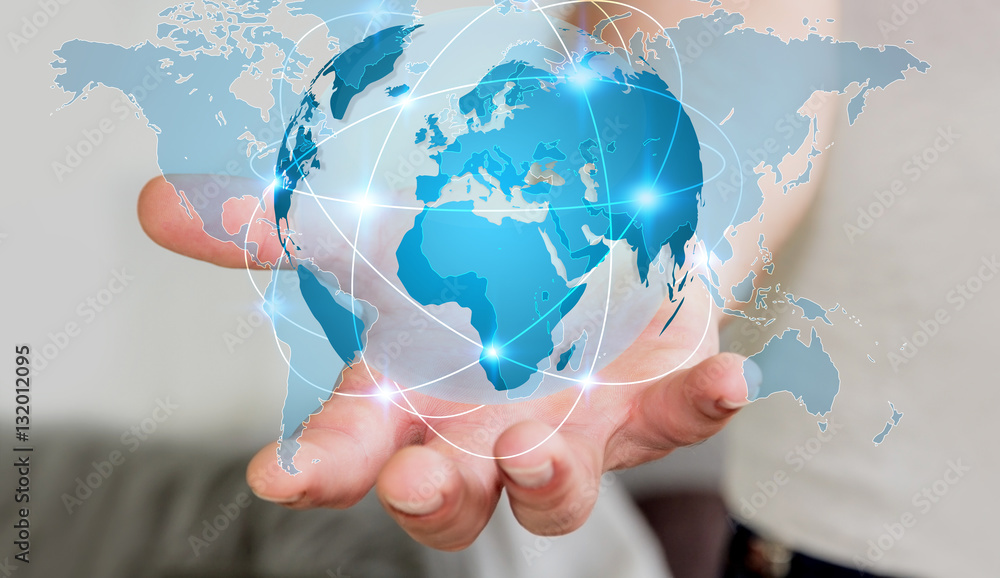 Businessman holding global network on planet earth 3D rendering Businessman holding global network on planet earth 3D rendering