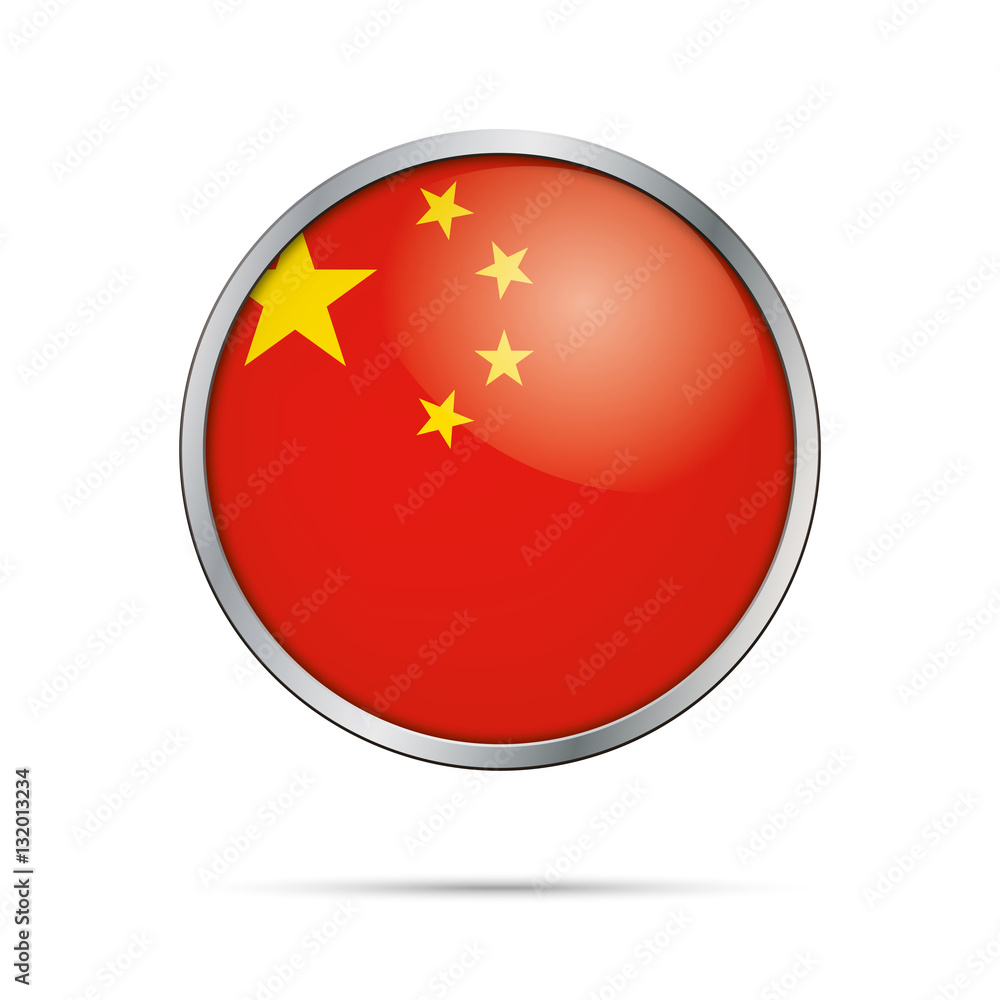 Vector Chinese flag Button. Peoples Republic of China flag in glass button style with metal frame. Vector Chinese flag Button. Peoples Republic of China flag in glass button style with metal frame.