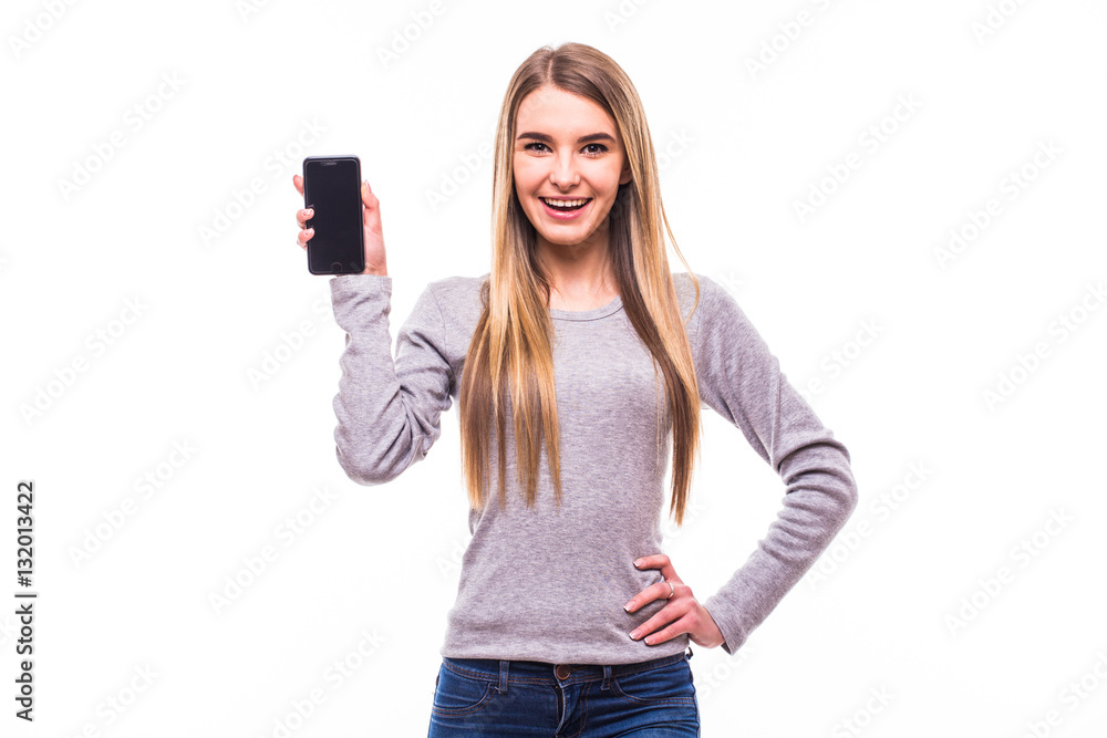 Blonde girl show phone screen on white Blonde girl show phone screen on white