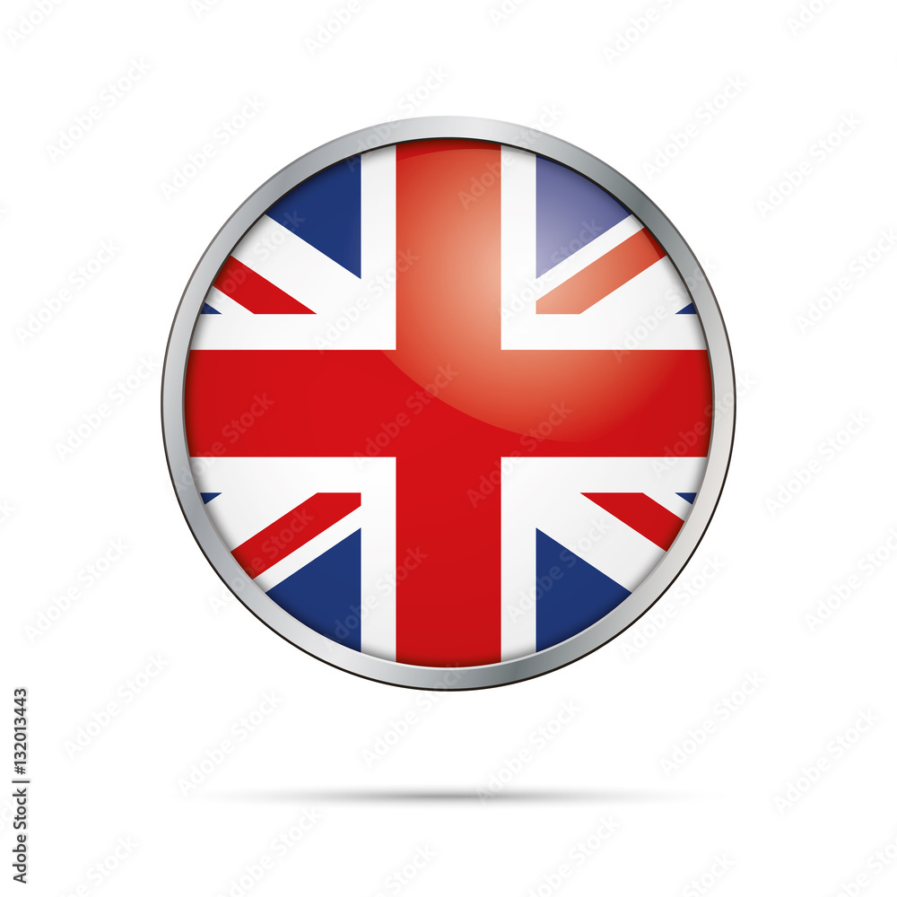 Vector British Union Jack Button. United Kingdom flag in glass button style with metal frame. Vector British Union Jack Button. United Kingdom flag in glass button style with metal frame.