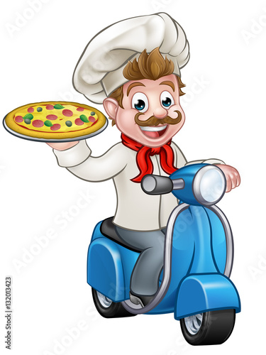 Cartoon Pizza Chef on Delivery Moped Scooter