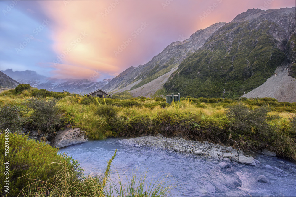 Obraz premium Mt. Cook and Hooker Valley From The Village. Mt. Cook National Park, Southern Alps, New Zealand