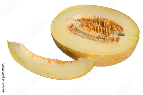 Melon in a cut on a white background. A piece of melon. Half of melon in the section.