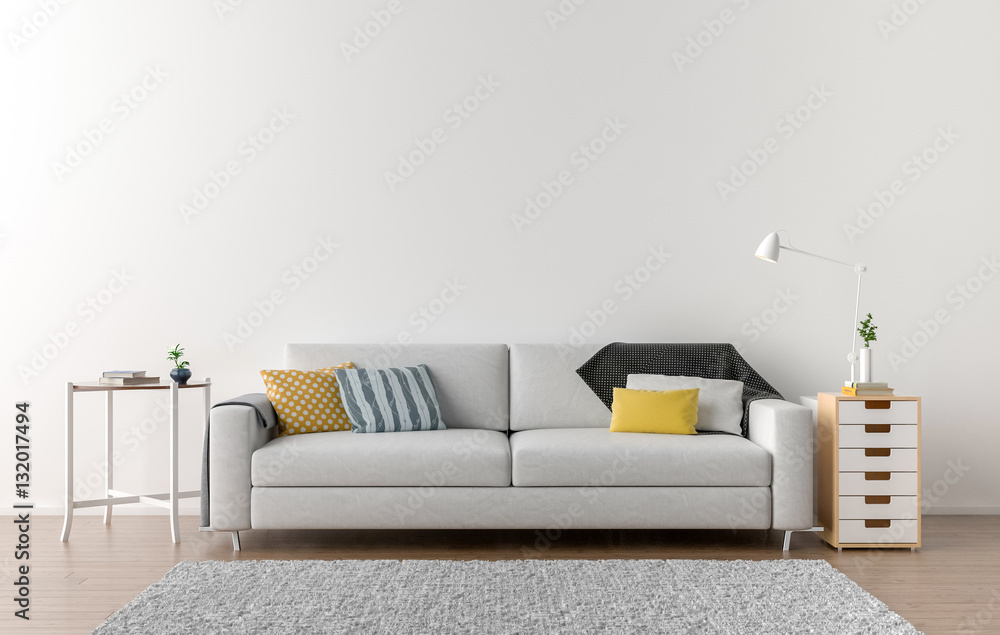 Empty living room with white wall in the background - obrazy, fototapety, plakaty 