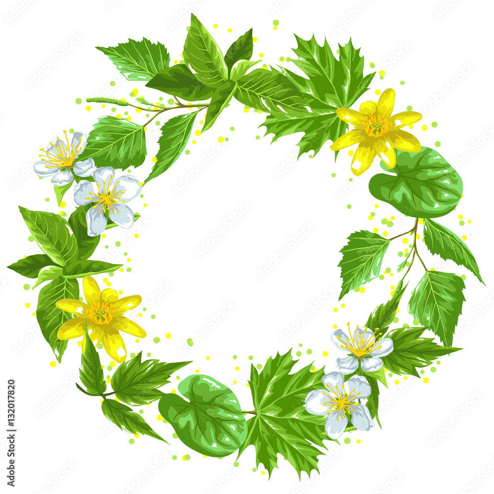 Spring green leaves and flowers. Wreath with plants, twig, buds