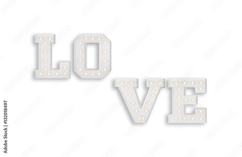 Big illuminating love letters isolated on white background 