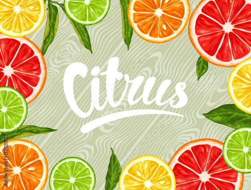 Background with citrus fruits slices. Mix of lemon lime grapefruit and orange