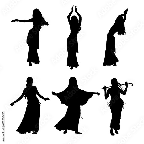 Young girl dancing belly dance. Silhouette of girl dancing Arabic dance. Set of silhouettes. Vector illustration