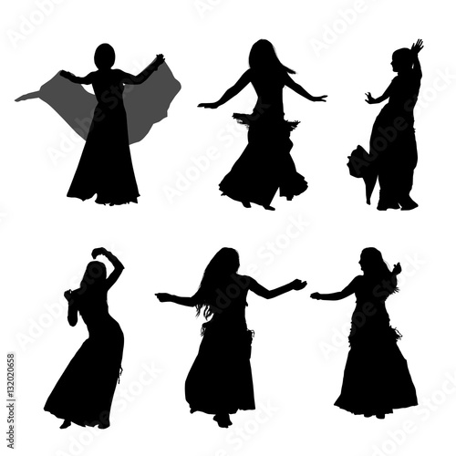 Young girl dancing belly dance. Silhouette of girl dancing Arabic dance. Set of silhouettes. Vector illustration