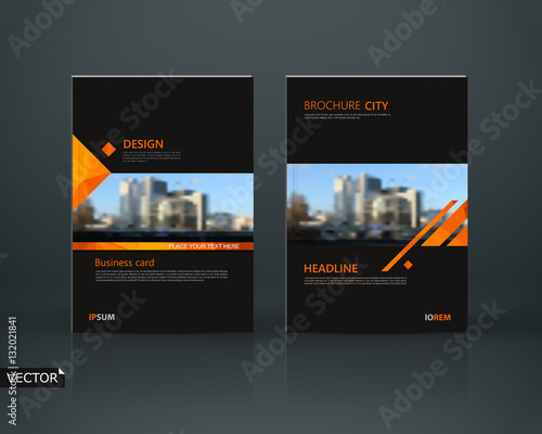 Abstract composition. Black a4 brochure cover design. Info banner text font. Title sheet model set. Modern vector front page. Brand logo texture. Yellow, orange figure image icon. Ad flyer frame fiber
