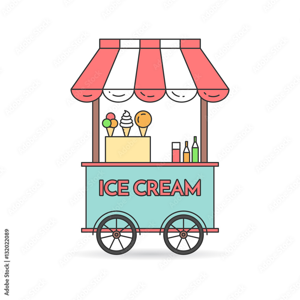 Ice cream cart on wheels Flat line art Stock Vector | Adobe Stock