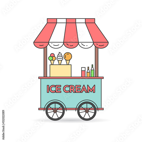 Ice cream cart on wheels Flat line art