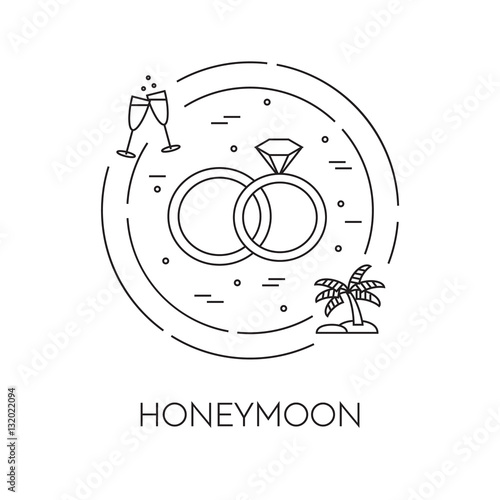 Honeymoon banner with wedding rings Line art