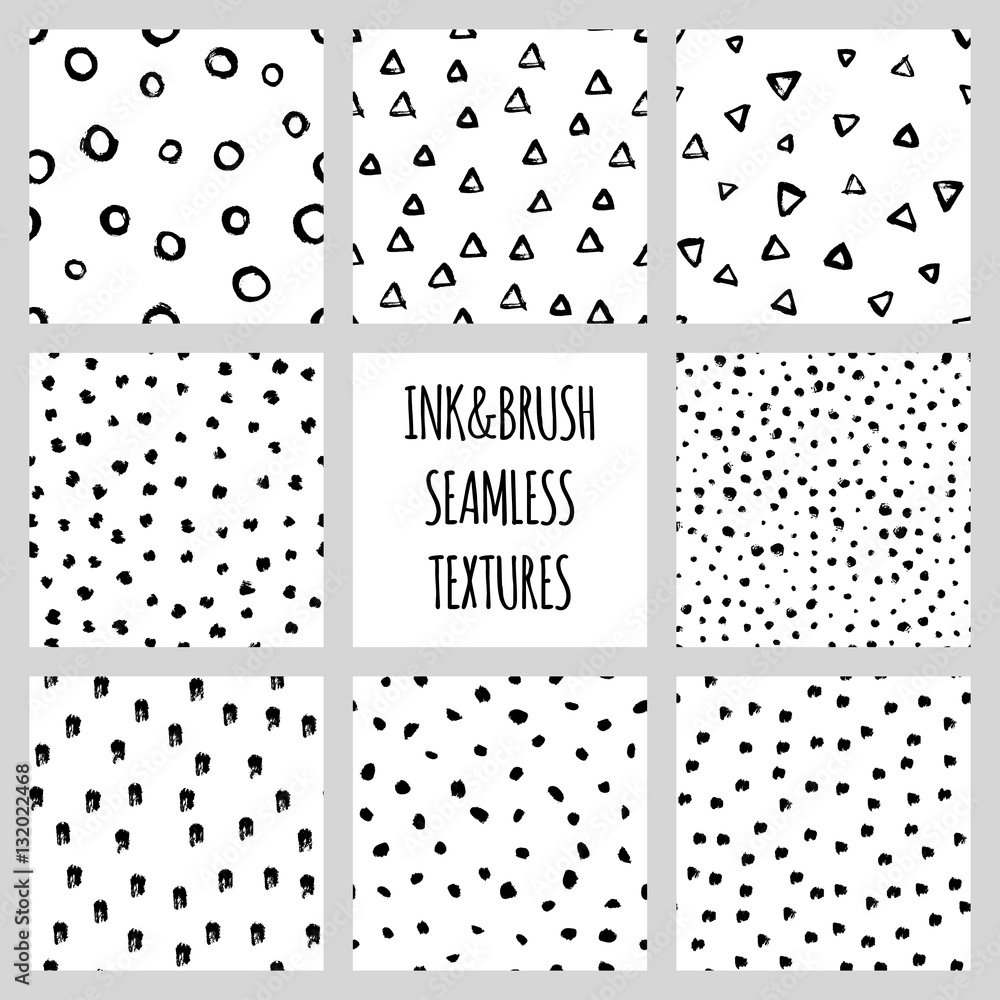 Set of eight seamless black and white vector free hand doodle textures ...
