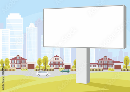 Billboard on the side of the highway. The cottage settlement on the suburb of the big city. Vector background