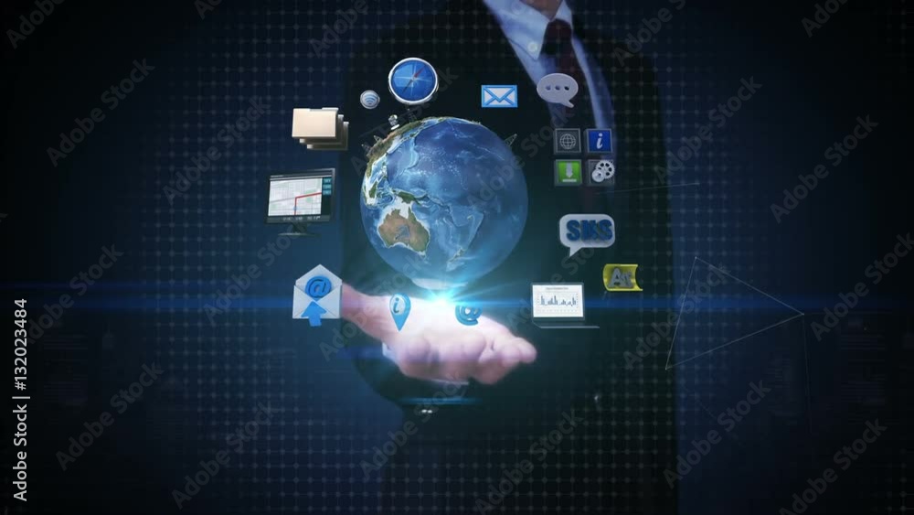 Businessman open palm, Rotating earth, expanding social network service. artificial satellite, Communication technology Businessman open palm, Rotating earth, expanding social network service. artificial satellite, Communication technology