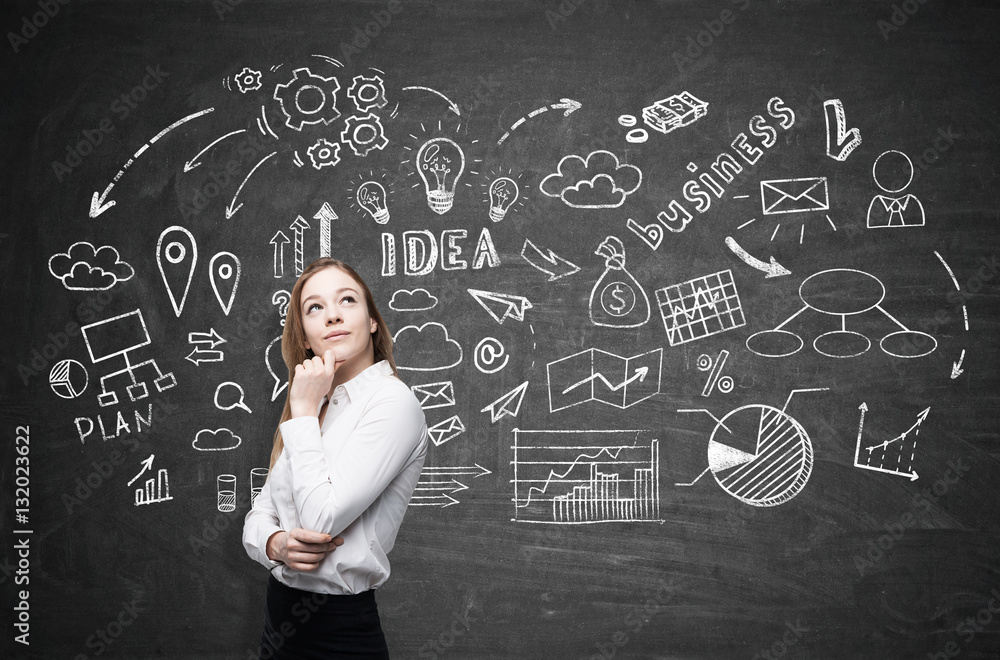 Pondering blond girl and business idea sketch Pondering blond girl and business idea sketch