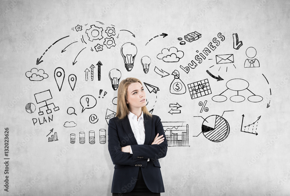 Blond girl in black and business sketch, concrete Blond girl in black and business sketch, concrete