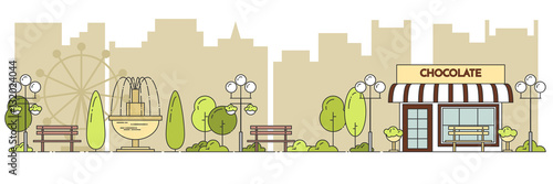 Horizontal city landscape with central public park Lineout